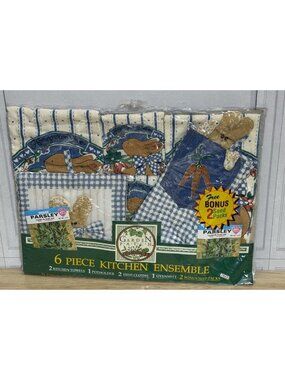 Franco Bunny Cottage Kitchen Set Dish Towel Cloths Mitt 6 Piece NEW VTG